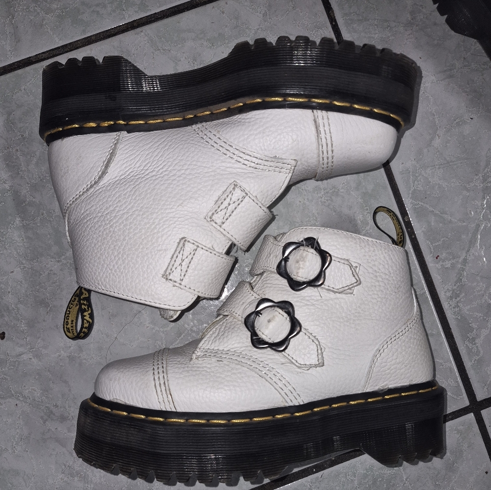 Dr. Marten's White Leather Boots with Flower Buckle Detail